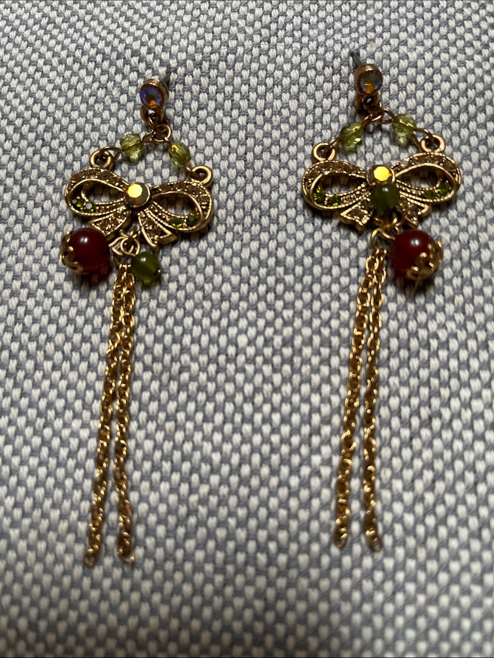 Vintage Gold Bow Drop Earrings with Green and Red Beads